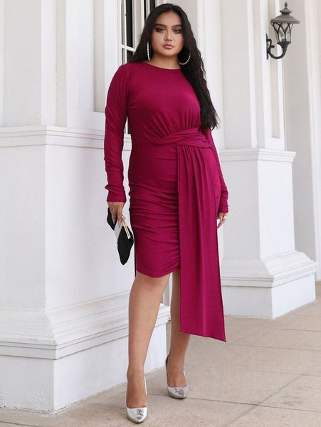 

seomiscky plus ruched side draped dress 54xi#, Black