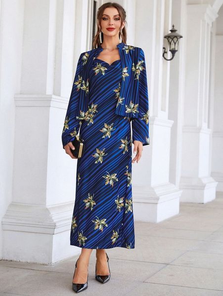 

floral & striped print cami dress & jacket e6rt#, White