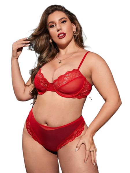 

plus plain contrast lace underwire lingerie set j9ap#, Black;white