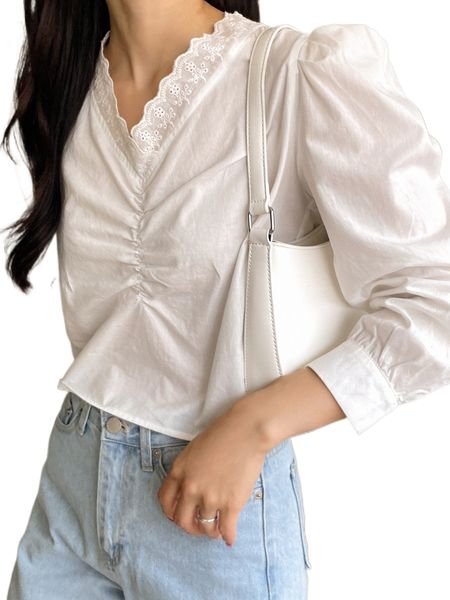 

dazy eyelet embroidery ruched puff sleeve blouse n9vw#, White