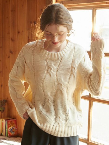 

knit mix drop shoulder cable knit sweater c55w#, White;black