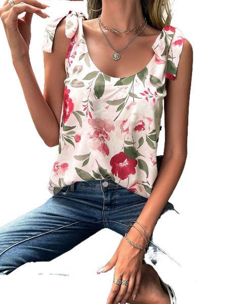 

floral print tie shoulder tank h8k1#, White