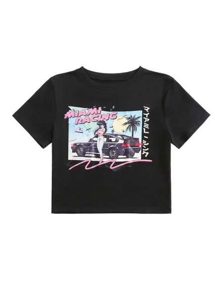 

romwe x mizucat letter figure & car graphic crop tee a4nd#, White