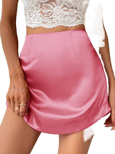 

high waist solid satin skirt t3ix#, Black