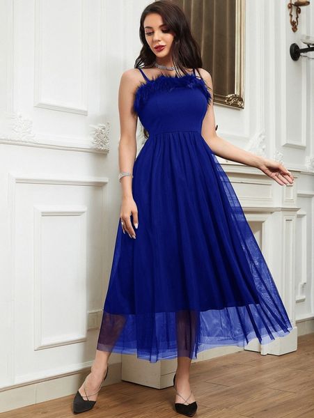 

fuzzy trim mesh overlay cami dress 32ey#, Black;gray