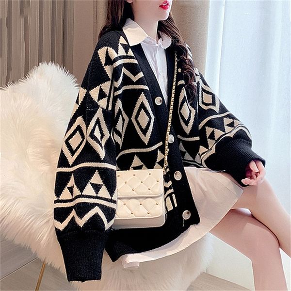 

women's polos geometric diamond knitted cardigan women's autumn and winter korean lazy loose outer wear medium long sweater coat n, White