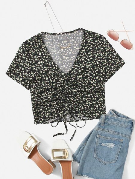 

ditsy floral drawstring front blouse u7ek#, White