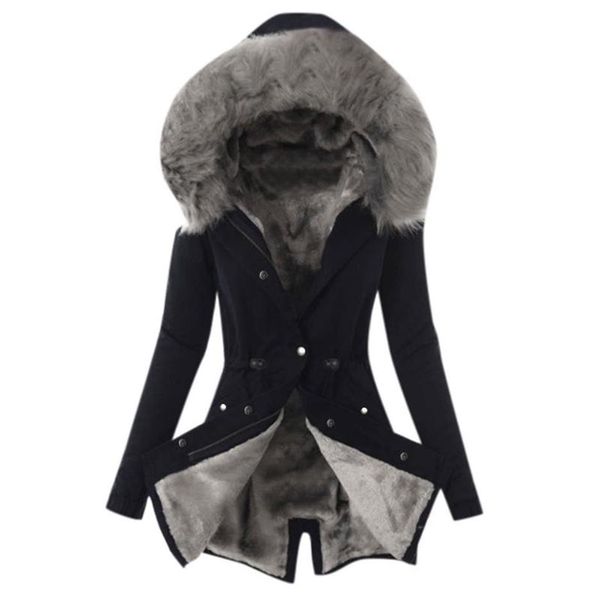 

ladies overcoat fur lining coat womens winter warm thick long jacket hooded overcoat slim casual long warm coat new #y5-5310b, Black