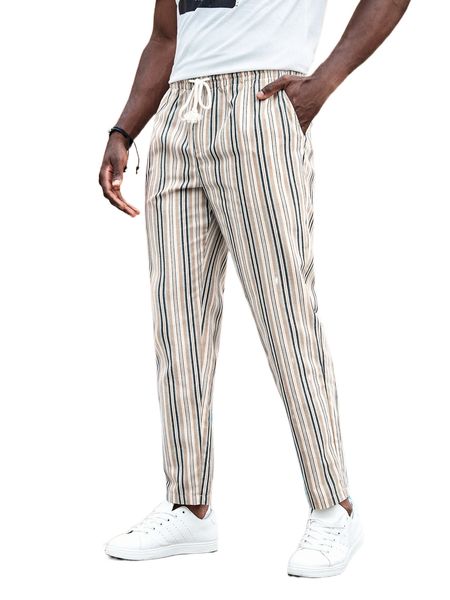 

men colorful striped drawstring waist pants j1ft#, Black