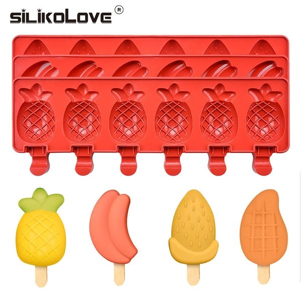 SILIKOLOVE Lebensmittelqualität Silikon Eisform DIY hausgemachte Eis am Stiel Formen Fruchtsaft Eis Bar Form Banane Erdbeere Form T200703