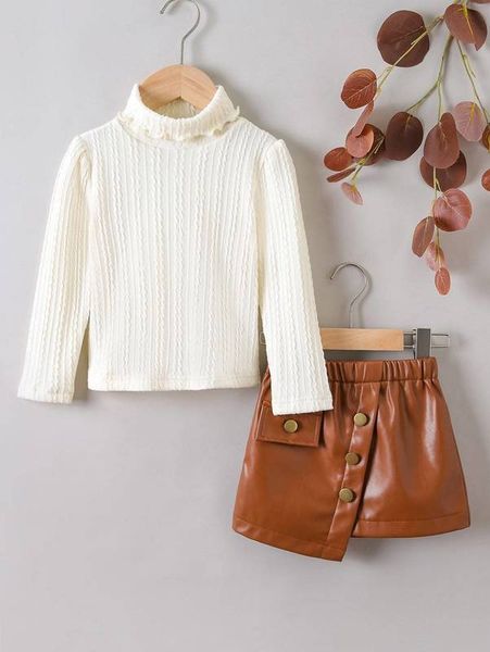 

toddler girls turtle neck textured tee & asymmetrical hem skirt she, White