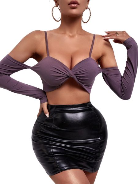 

sxy twist front cold shoulder crop o7o3#, White