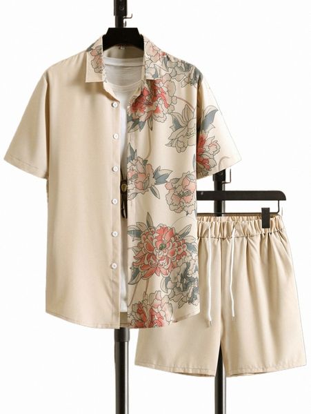 

men floral print shirt & drawstring waist shorts without tee y0lp#, Gray