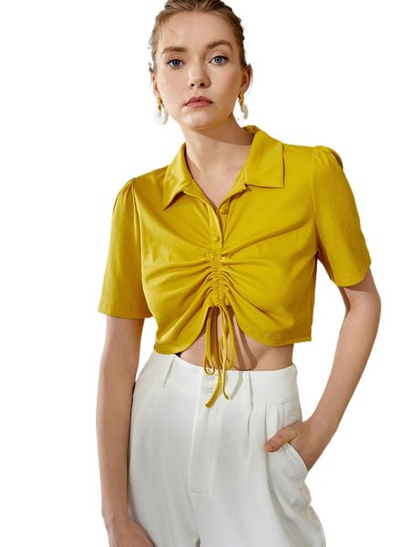 

puff sleeve drawstring crop tee 55v9#, White