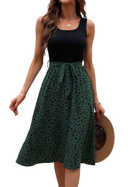 

colorblock belted a-line dress v1df#, Black;gray