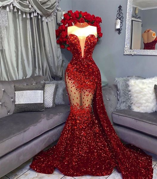 Funkelnde rote Pailletten afrikanische Abendkleider Kristall Illusion Perlen Ballkleider Aso Ebi Stil handgemachte Roben De Bal