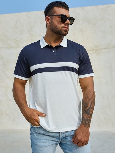 

extended sizes men colorblock button front polo shirt g7a7#, White;black