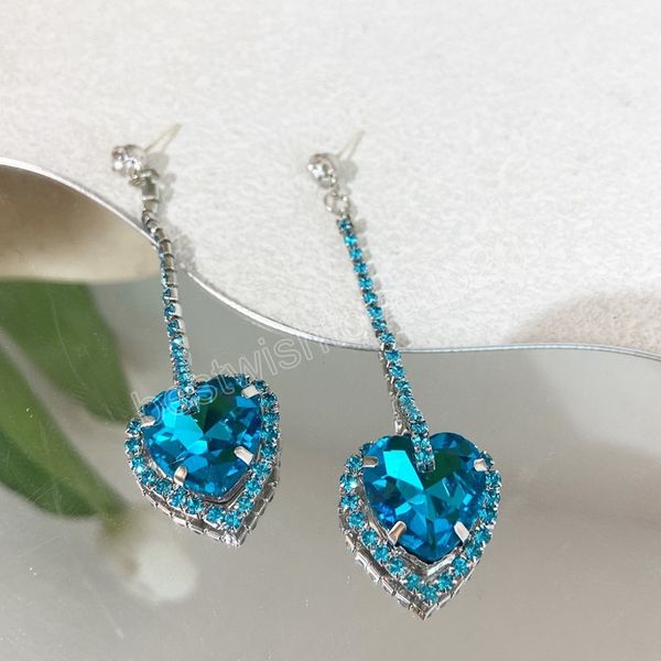 

korean luxury heart crystal long dangle earrings for women girls fashion rhinestone pendientes party jewelry gifts, Silver