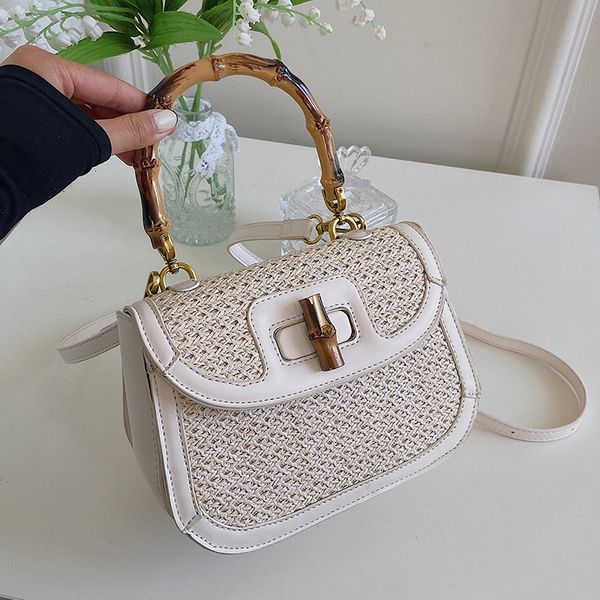 

square bags for women designer woven straw bag handbags purse vintage bamboo handle bag tote female quality leather shoulder bag