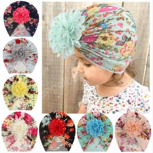 Neonato indiano tappi floreali fiori cappello bambino oro stampaggio turbante ragazze solido morbido stampato tappo stampato cotone annodato testa avvolgibile per bambini Berretto Berretto Accessori per capelli