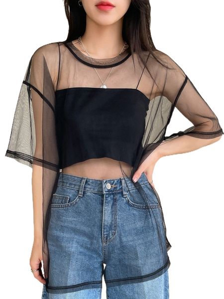 

dazy drop shoulder sheer mesh without camisole j90o#, White