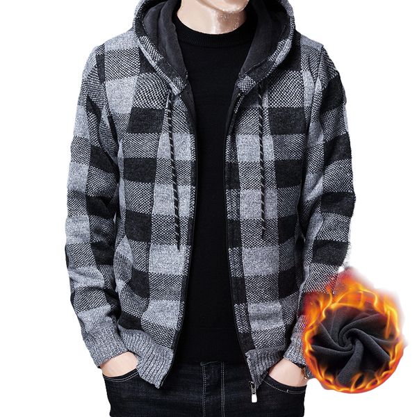 

new arrival fashion 2021 autumn winter plaid sweaters coat men fleece knitted cardigan sweater hoodie for men, White;black