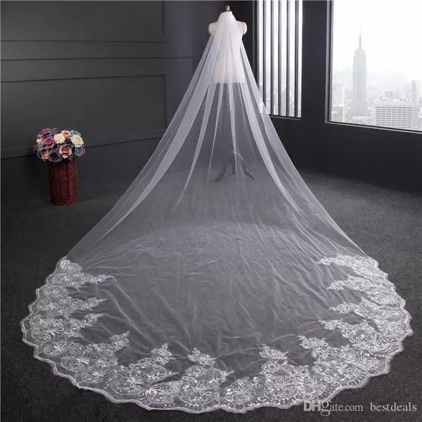 

luxury beading crystal 3 meters cathedral length bridal veils white ivory lace applique sequins edge with comb wedding veil cpa887 0520, Black