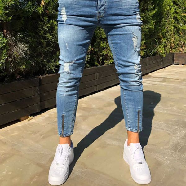 

mens fashion ripped jeans super skinny slim fit zipper denim pant destroyed frayed trousers style pants, Blue