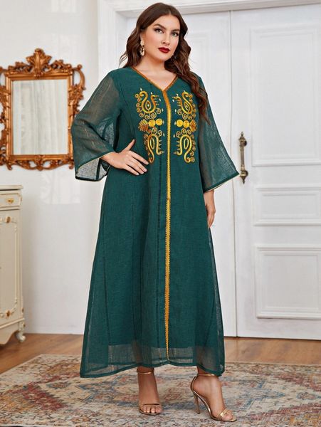 

plus v-neck embroidered tunic dress w93p#, Black