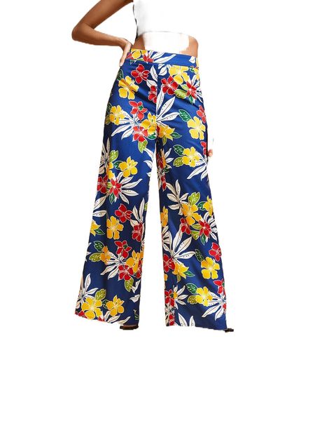 

floral print wide leg pants v0hg#, Black;white