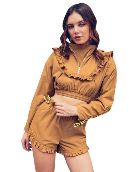 

x amiko drop shoulder frill trim crop hooded & shorts set k05z#, White