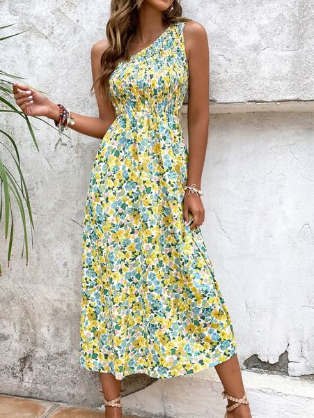 

allover floral print one shoulder shirred dress b4bj#, Black;gray