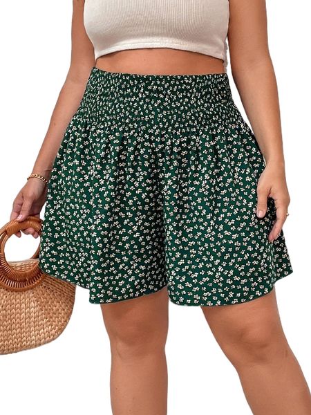 

plus ditsy floral shirred waist shorts 31pl#, Black