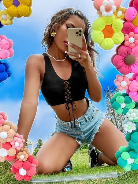 

lace-up solid crop knit d1gg#, White;black