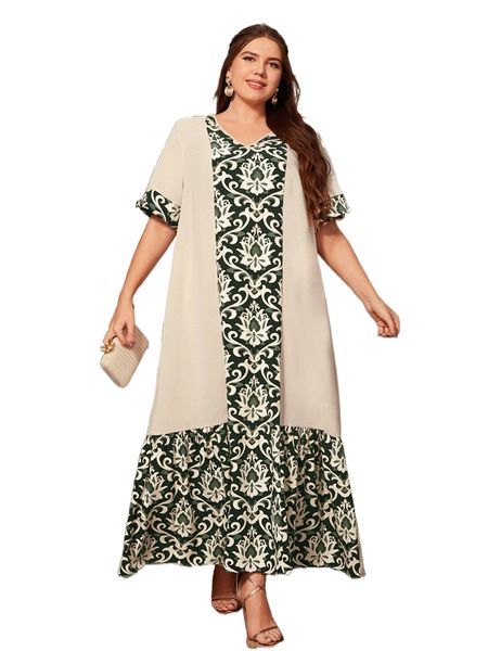 

plus scroll print ruffle hem dress v11t#, Black