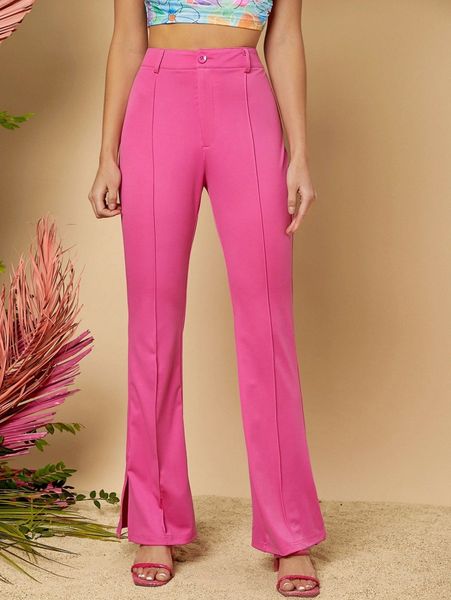 

seam detail split hem flare leg pants s331#, Black;white