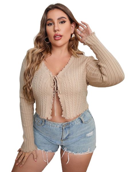

plus lettuce trim tie front cable knit cardigan t2zo#, Black