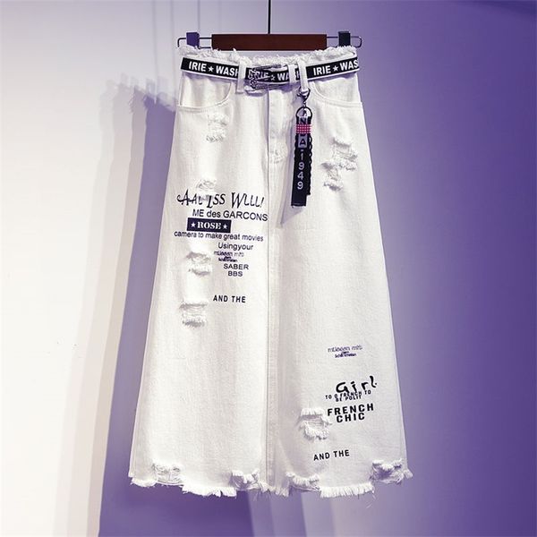 

women skirt white denim long skirts letter print korean style fashion hole oversize plus size female skirts 220505, Black