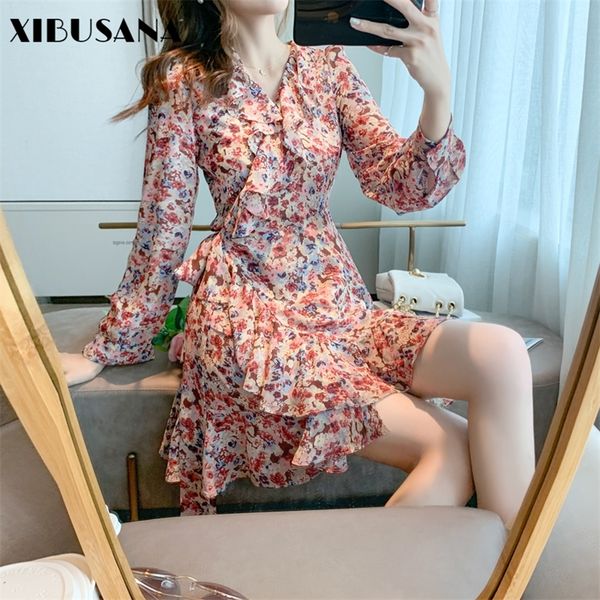 

spring summer woman dress mujer vestidos female vintage print floral long sleeve casual a-line mini wrap women chiffon dresses 220516, Black;gray