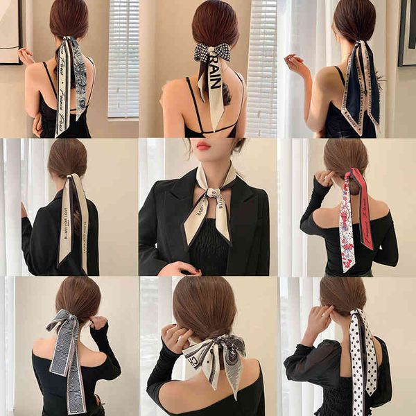 

2021headband multicolor printed silk scarf bands female hair binding accessories head rope french ribbon bow headdress, Blue;gray