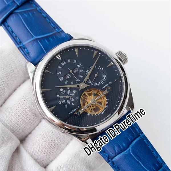 

new master grande tradition q500242a steel case blue dial perpetual calendar super complex automatic tourbillon mens watch leather302e, Slivery;brown