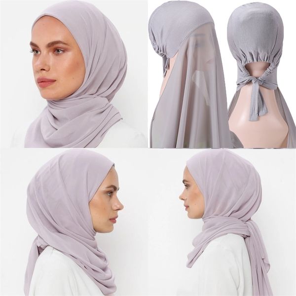 

chiffon hijab bonnet elastic rope cap bubble heavy solid color inner scarf headband stretch cover headwrap turbante 220704, Blue;gray