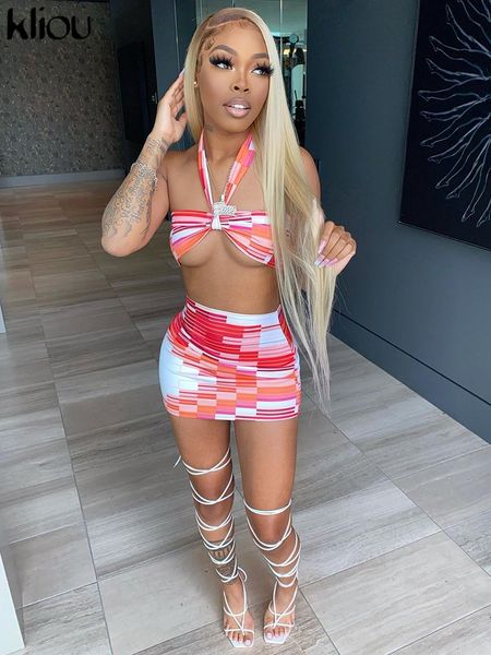 

cleavage two piece set women skirt plaid print neck-mounted tank +multi-color sheath high waist female skirt, White