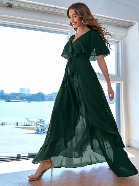 

butterfly sleeve ruffle high low hem dress e7ou#, Black;gray