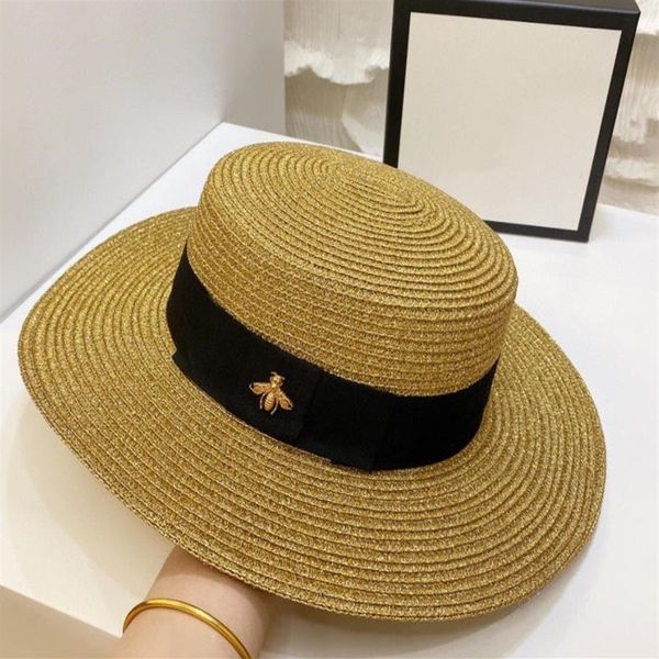 

summer women bee straw hat fashion designers ladies sun protection grass braid beach personality wide brim hats sun caps with ribb331i, Blue;gray