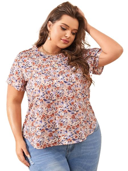 

plus allover floral print blouse v2uk#, Black