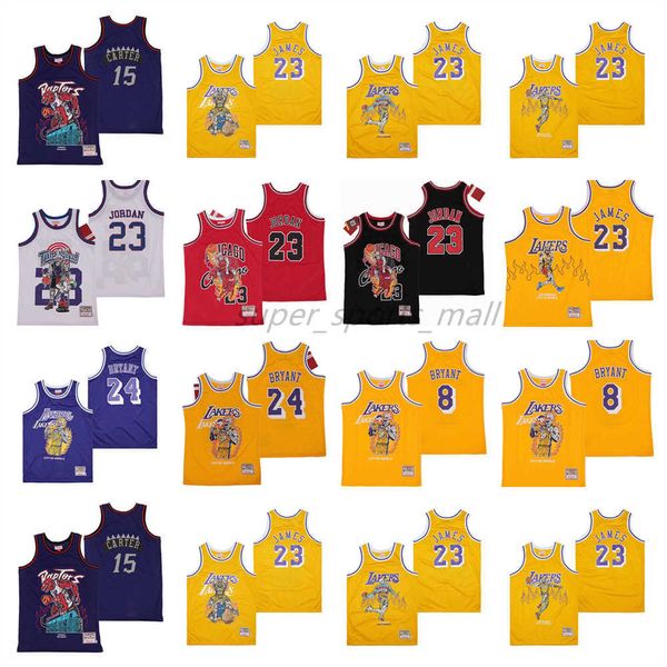 

movie basketball jerseys skull offset retro edition #8 #15 carter #23 james #24 jersey yellow blue black mens, Black;red