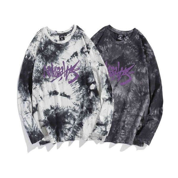 

2022ss autumn new men's loose long sleeve tee tie dyed t-shirt bottoms, Black