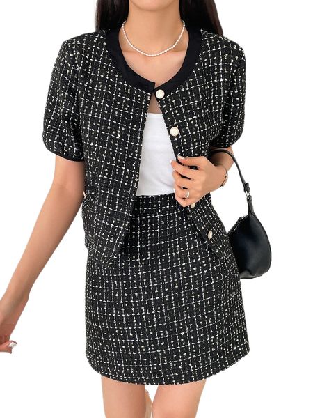 

dazy plaid print jacket & skirt 75qg#, White