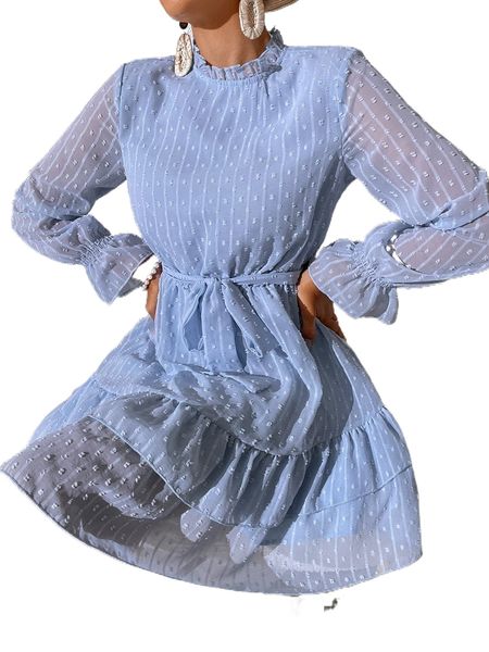 

swiss dot frill neck flounce sleeve ruffle hem belted dress d7au#, Black;gray